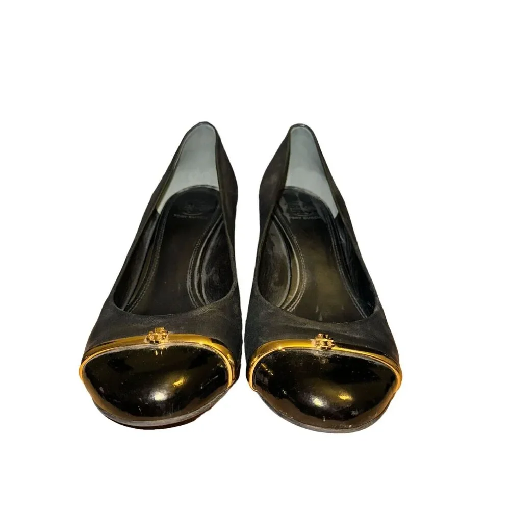 Tory Burch Pacey Wedge Heels Women's 10.5 M Black Leather Patent Cap Toe Shoes